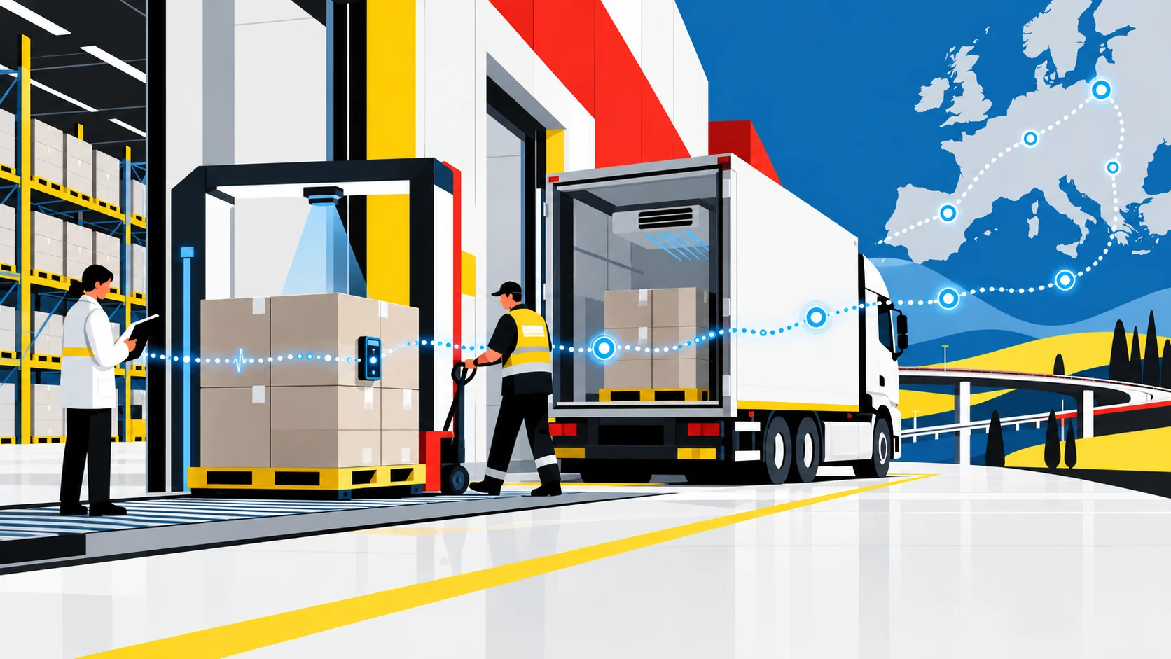 Illustration von Pharmalager, Warenübergabe und Distribution in Europa
